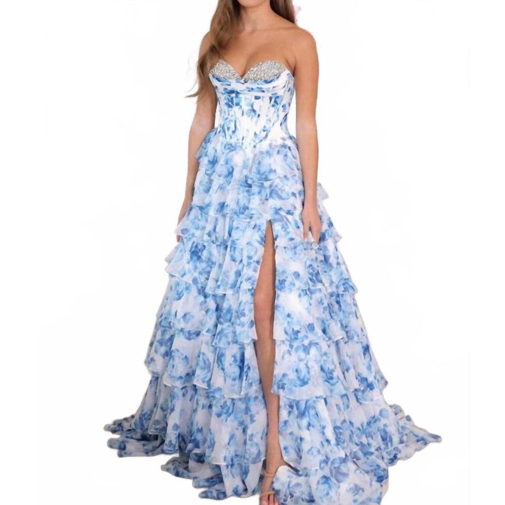 NEW AVA PRESLEY sweetheart neckline gown in white/blue